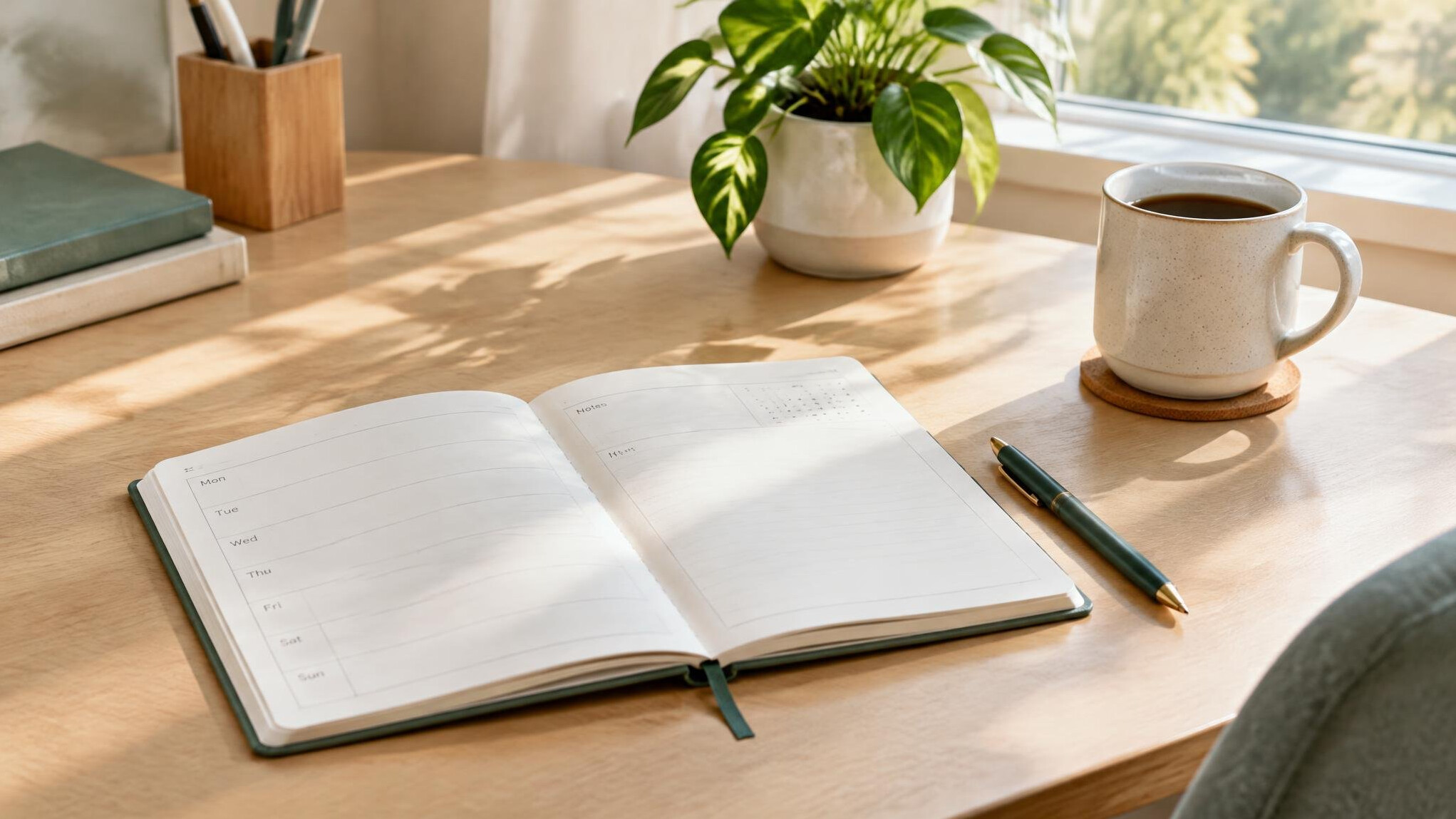 Planner and pen on a clean desk