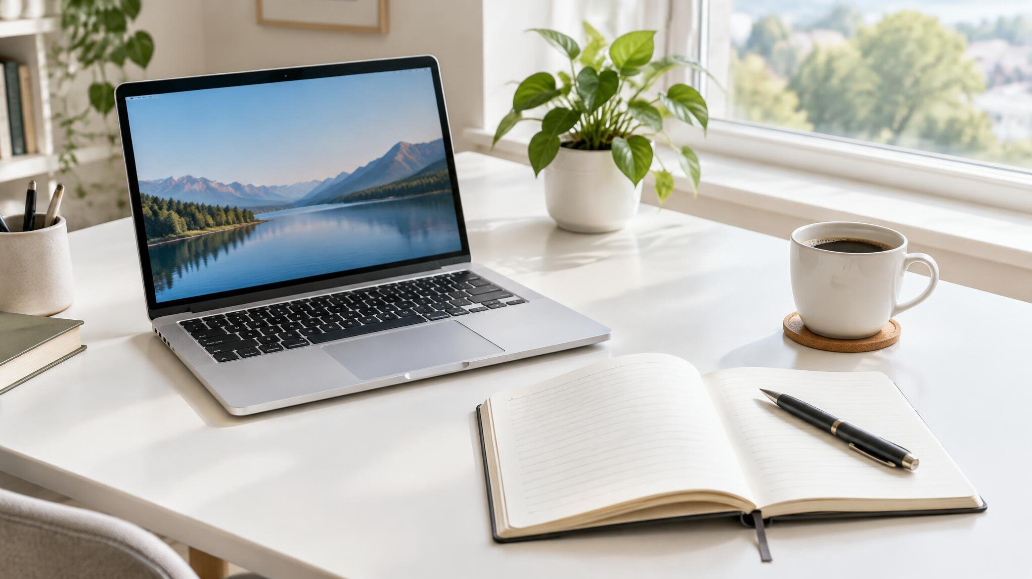Desk with laptop notebook and coffee