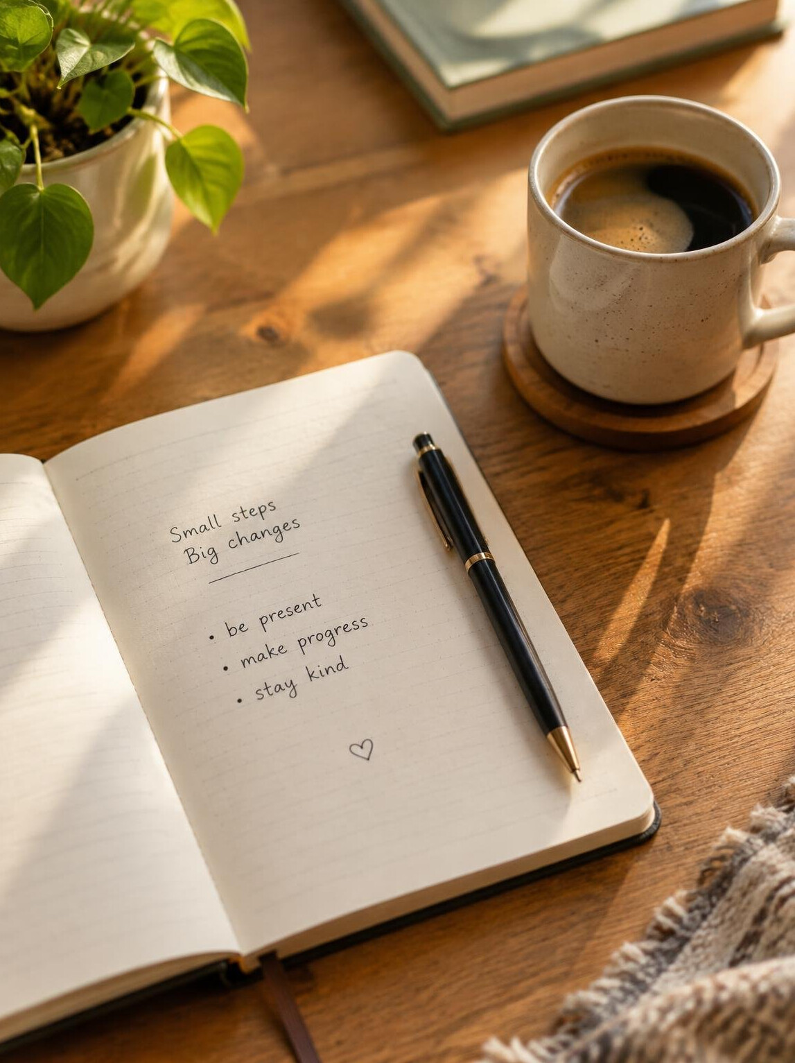 Open notebook with a pen on a wooden desk in warm light
