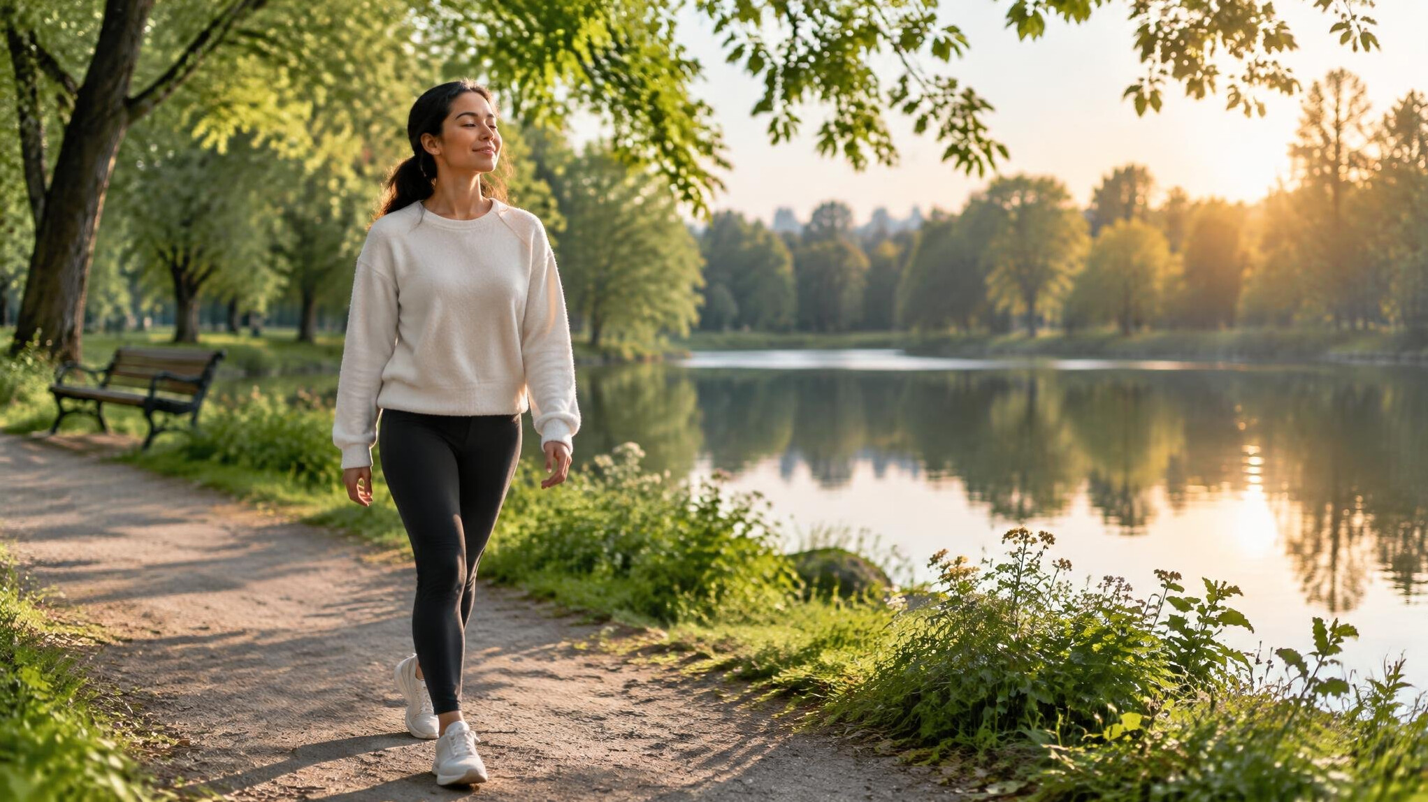 person walking in park reflection