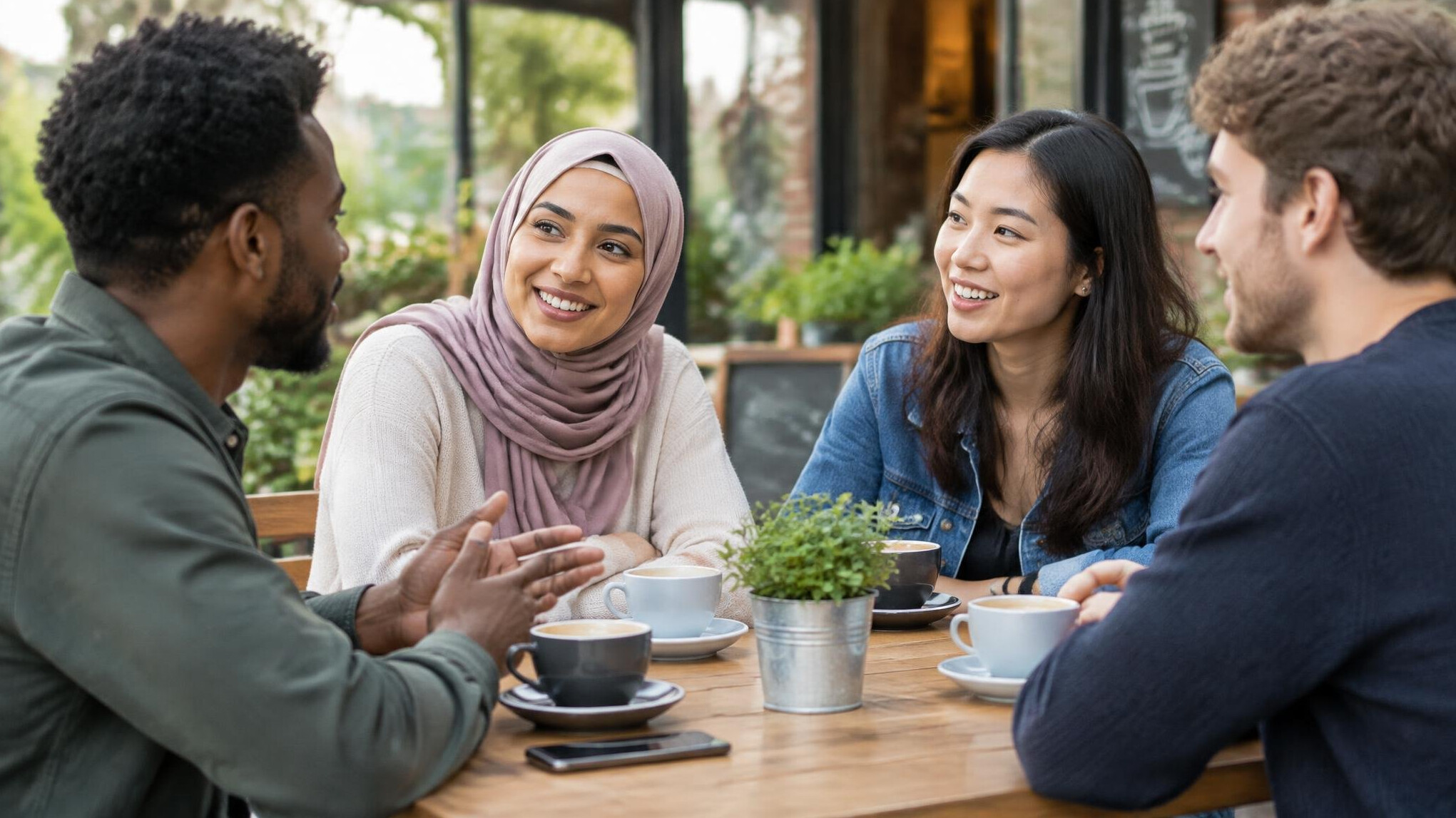 diverse group talking outdoors