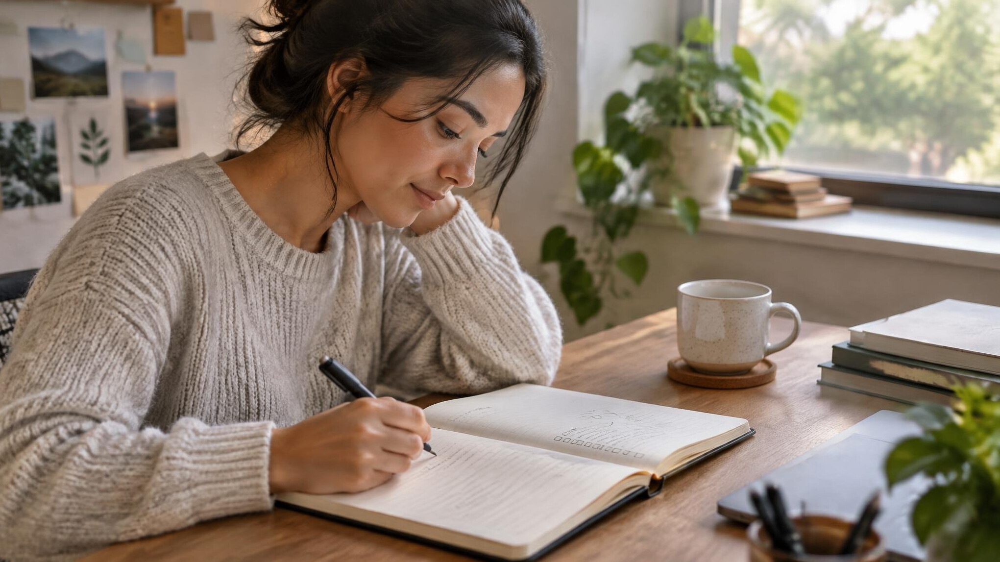 person writing notes in journal