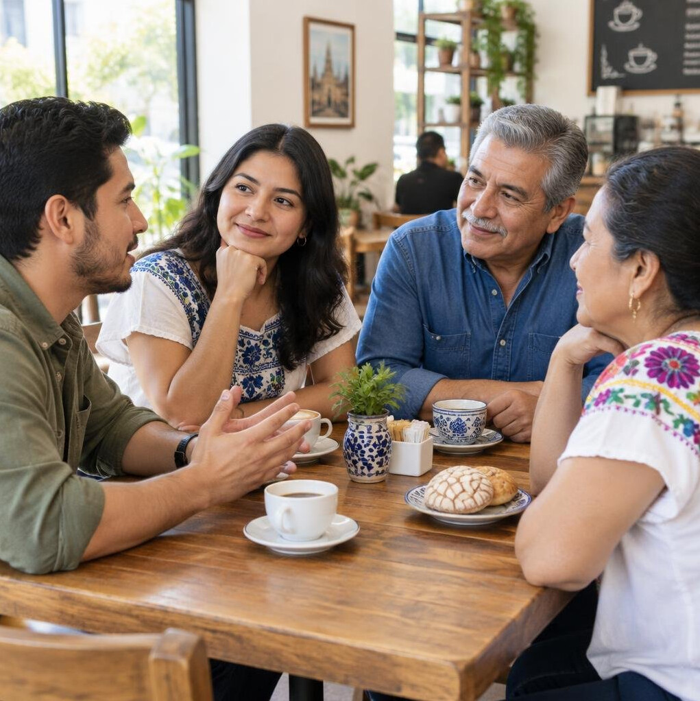 Friends having a conversation around a table