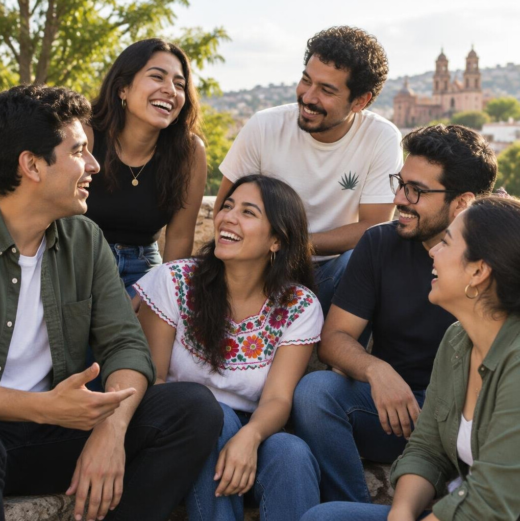 Group of friends laughing together outdoors